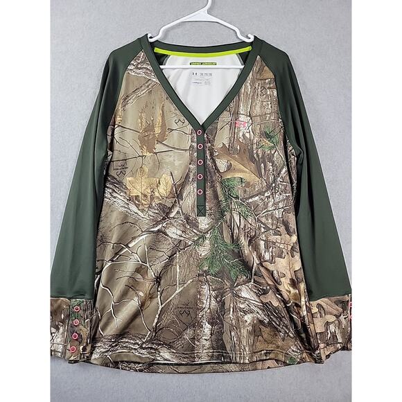 Under Armour Scent Control ColdGear Green Camo LS V Neck Shirt Womens Plus 2XL - Picture 2 of 12